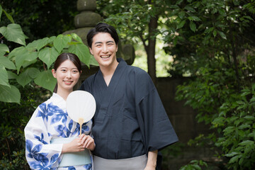 Couple taking a selfie in yukata holding a smartphone Image of sightseeing or traveling, etc....