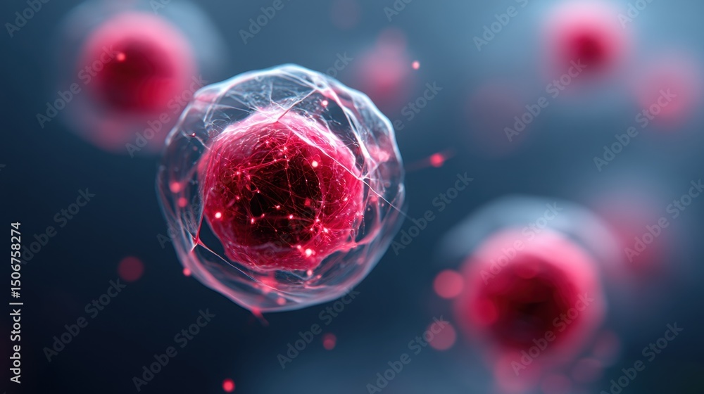 Poster artistic cross section of a virus cell showing intricate structures and vibrant red colors