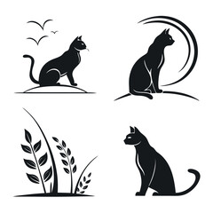Set of black cat silhouettes. Stencil for Halloween, card, poster or other design. Black cat.