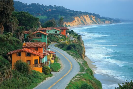 Coastal highway, colorful houses, ocean view, cliffside road, travel brochure
