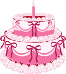 Line art drawing bow ribbons around pink two tier Birthday cake, clipart coquette aesthetic for design element such as card, invitation or banner. Vector illustration.	