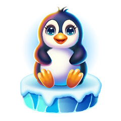 Obraz premium Digital drawing of a cute cartoon penguin sitting on ice. Winter illustration of an animal on a blue background on a white background