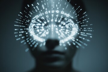 person connected to machine glowing symbols orbiting head spiritual awakening