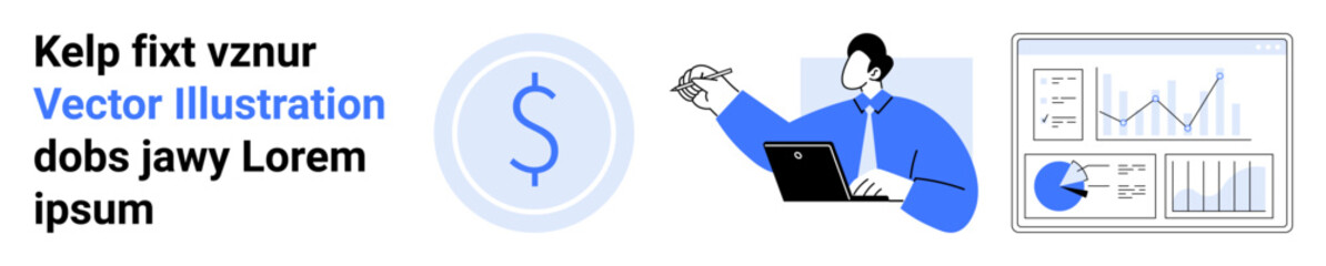 Person reviewing financial charts on laptop, dollar sign, and data graphs. Ideal for finance, investment, analytics, business planning, fintech, consulting marketing simple landing page
