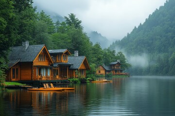 Fototapeta premium Misty lakefront cabins, tranquil mountains. Vacation rental