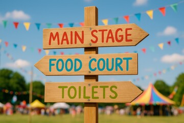 Wooden festival signpost with directions to main stage, food court and toilets on field with colorful tents and flags