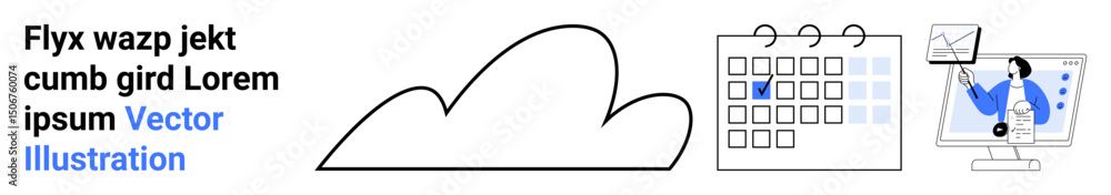 Poster cloud with calendar scheduling, data charts, and person analyzing computer graphs. ideal for product
