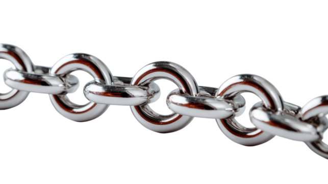 Interlocked Chain: A close-up of a shiny, interlocked chain, each link reflecting light, symbolizing strength, unity, and connection.
