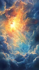 Cloudscape texture with radiant sun rays breaking through, ideal for atmospheric backgrounds, uplifting visuals, and nature-inspired compositions.