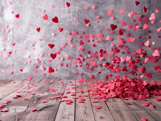 Falling hearts on wooden floor