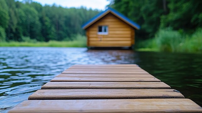 Tranquil Waterside Cabin Surrounded by Lush Green Forest Landscape - Powered by Adobe
