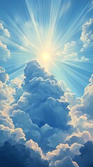 Cloudscape texture with radiant sun rays breaking through, ideal for atmospheric backgrounds, uplifting visuals, and nature-inspired compositions.