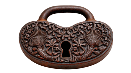 Intricate Lock: A close-up shot of a beautiful, vintage lock showcases detailed floral design on a rustic metal surface.