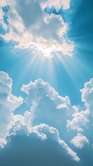 Cloudscape texture with radiant sun rays breaking through, ideal for atmospheric backgrounds, uplifting visuals, and nature-inspired compositions.