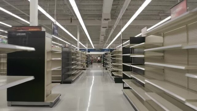 Long aisles in a retail store show numerous empty shelves during peak shopping hours, highlighting current supply chain challenges. Customers may struggle to find available products.