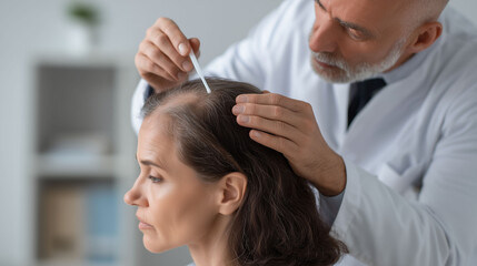 Fototapeta premium trichological and dermatological scalp examination of female patient in cosmetology clinic highlighting hair loss treatment and sample collection for Psoriasis treatment 