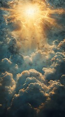 Radiant sun rays over soft cloud texture, great for inspirational backgrounds, weather visuals, and ethereal design projects.