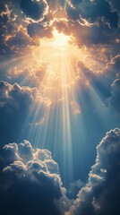 Radiant sun rays over soft cloud texture, great for inspirational backgrounds, weather visuals, and ethereal design projects.