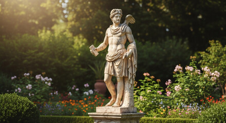 Fototapeta premium Greek marble statue of a mythological figure standing outdoors, surrounded by nature, showcasing classical artistry, intricate details, and timeless beauty of ancient Greek sculpture in natural light