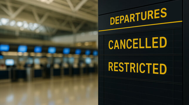 flight departure board at international airport showing cancelled and restricted flights due to airspace closure and global travel disruption