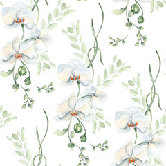 Seamless watercolor floral pattern with white orchids, buds, and delicate green leaves isolated. Elegant botanical repeat background for romantic fabric prints, packaging, and feminine stationery.