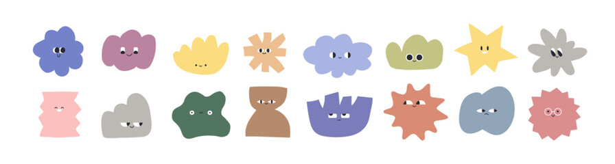 Cute abstract characters set with happy and curious face expressions, smiling emotions. Funny quirky shapes, doodle style figures, emojis. Flat vector illustration isolated on white background.