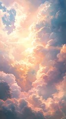Radiant sun rays over soft cloud texture, great for inspirational backgrounds, weather visuals, and ethereal design projects.