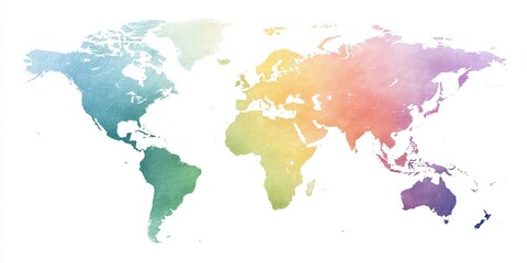 Fototapeta premium Vibrant Watercolor World Map A Colorful Global View, showcasing continents in a spectrum of hues