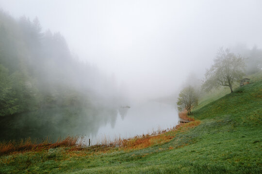 Seewaldsee bei Sonnenaufgang mit Nebel und Schnee auf den Bergen