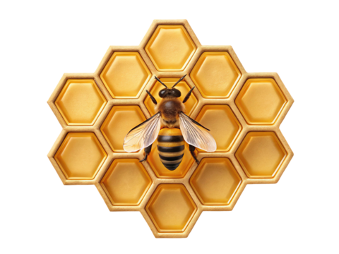 Honey bee on honeycomb isolated on transparent background, close up macro shot