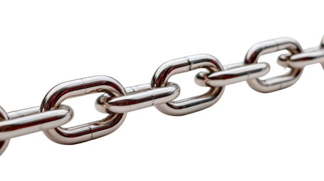 Interlocked Chain Strength: A close-up shot of a sturdy metal chain, its interlocking links symbolizing strength, security, and connection, set against a clean.