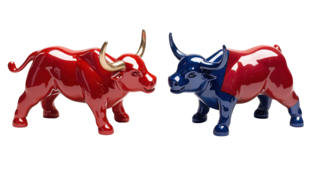 Two stylized metallic bull sculptures in bold red and blue colors showcasing modern and abstract design elements