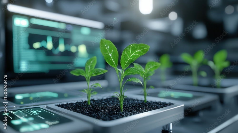 Poster this image depicts a precision agriculture concept showcasing vibrant corn sprouts growing in a tech
