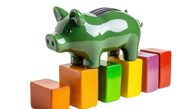 A green piggy bank figurine standing on a set of multicolored financial blocks representing savings investment and economic growth