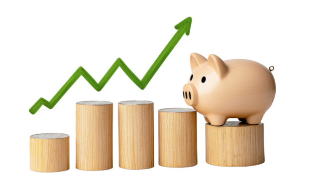 A piggy bank sitting on a series of wooden platforms representing the upward trend of financial growth profits and savings