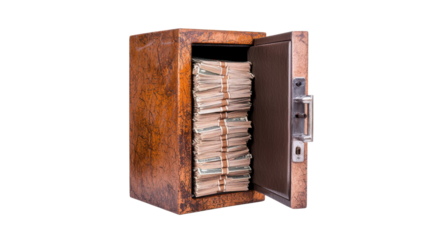 An antique wooden cabinet its surface worn and weathered is filled with neatly organized stacks of paperwork documents and files