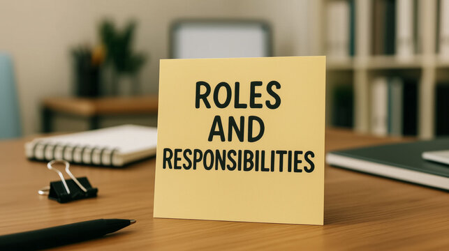 roles and responsibilities on paper note at office table in organization concept highlighting positions, functions, tasks, and accountability for achieving goals and organizational success