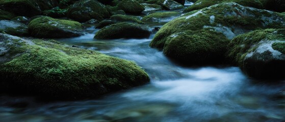 Fototapeta premium mountain stream moss-covered rocks gentle flow crisp refreshing