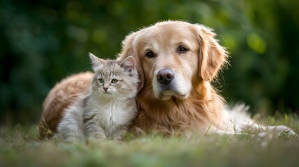 Golden retriever and kitten sharing a peaceful moment, soft fur glowing in warm light. Harmony between unlikely friends.