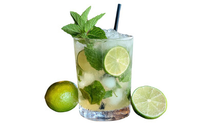 Fototapeta premium A cool and inviting cocktail featuring fresh lime slices and fragrant mint leaves served in a transparent glass over ice cubes for a refreshing summer drink