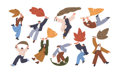 People with autumn leaf in hands, set. Happy tiny characters holding big large fall leaf and flying, hanging, jumping, soaring with fun, joy. Flat vector illustration isolated on white background.