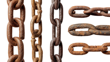 Fototapeta premium Rustic Chains in Detail: The weathered texture and robust form of several rusty chains are captured in a high-definition, captivating close-up