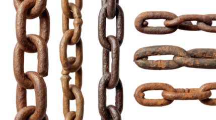 Rustic Chains in Detail: The weathered texture and robust form of several rusty chains are captured in a high-definition, captivating close-up