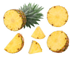 Set of half pineapple with leaves and pieces isolated, transparent PNG, PNG format, Sweet and juicy pineapple, cut out