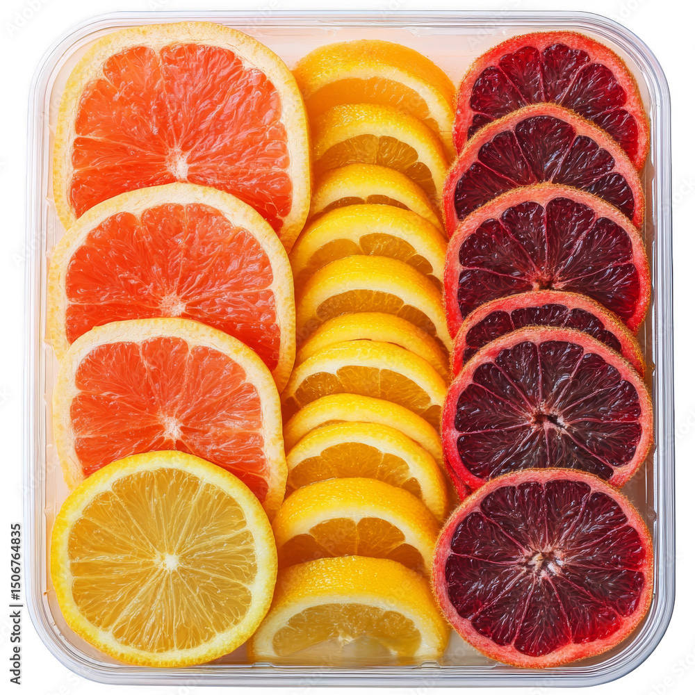 Poster Assorted citrus fruit slices arranged neatly in a plastic container.