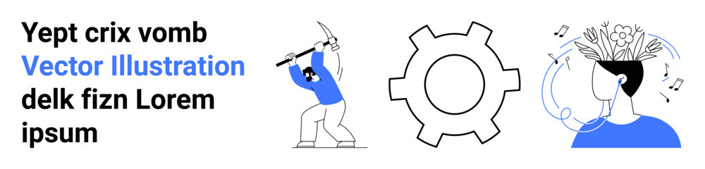 Miner with pickaxe, gear as innovation icon, and person with music and ideas above head. Ideal for creativity, productivity, innovation, brainstorming, work, education simple landing page