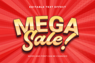 Bold editable text effect for mega sale promotion with bright red background and comic style design. Perfect for discount, marketing, and shopping banners.