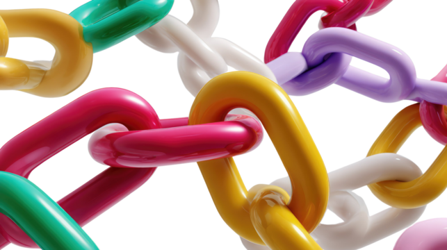 Connected Colors: A close-up shot showcases a vibrant network of interconnected links, symbolizing unity and collaboration, rendered in an array of eye-catching hues.