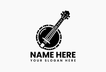 Black and white banjo vector logo illustration with ornamental details for music themed projects  