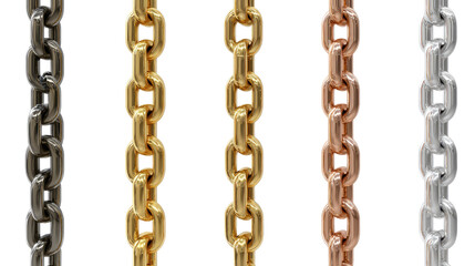 Chain Links Variety: A close-up view of chain links in various metallic colors, highlighting their industrial design and aesthetic diversity. 